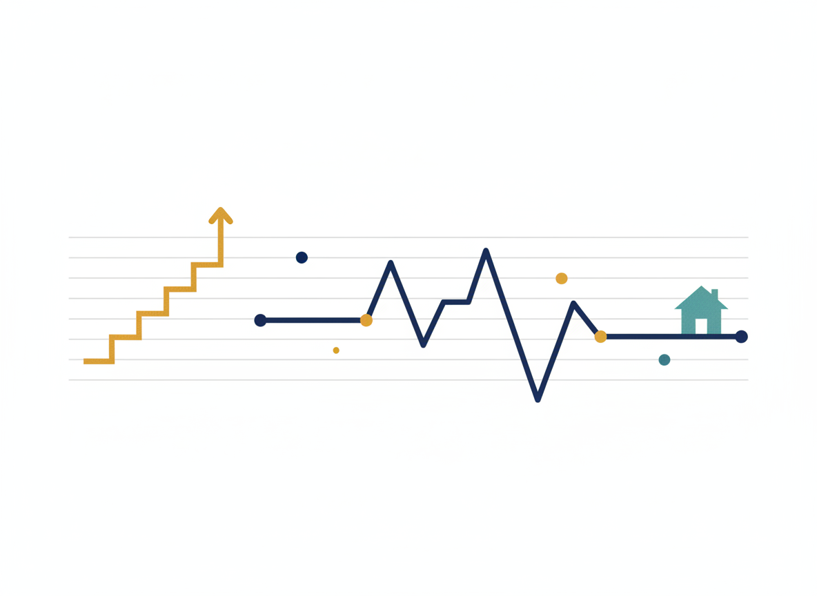 Illustration of two separate line graphs moving in different directions, one stepping up and one wandering toward a small house shape, showing that Fed rates and mortgage rates do not move together